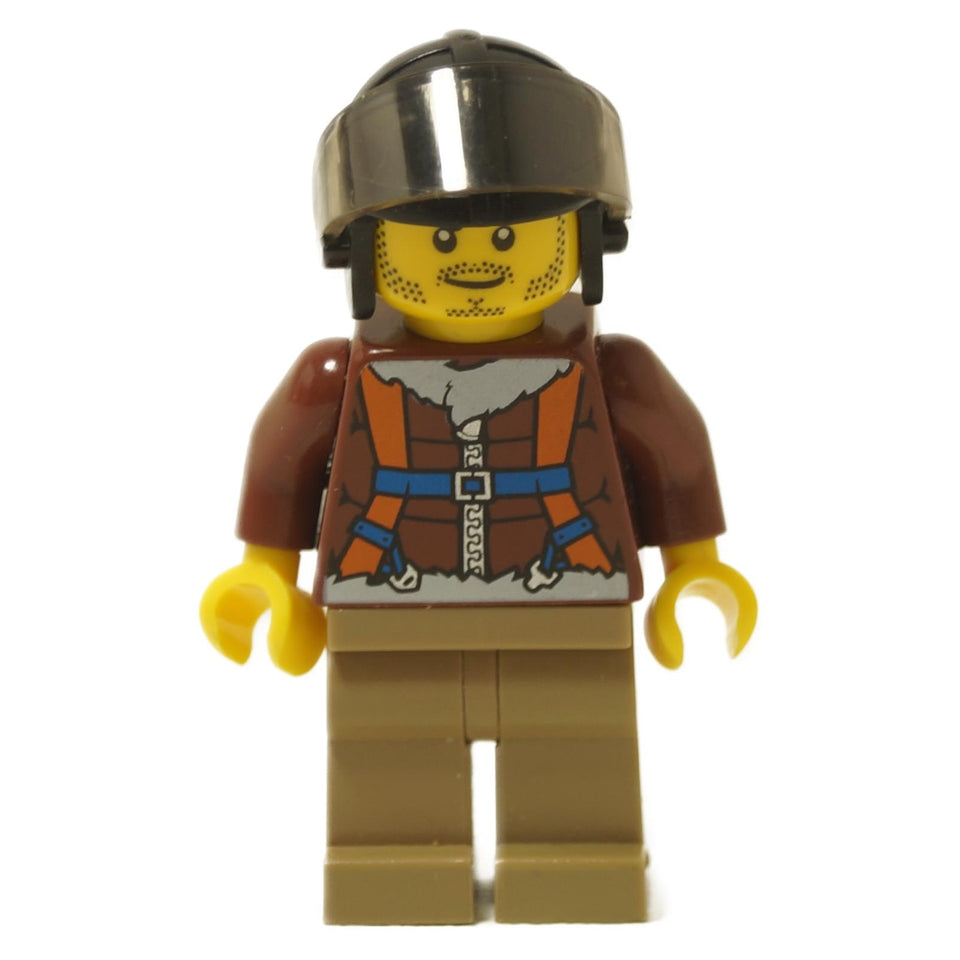 LEGO Arctic Plane Pilot minifigure, front view, brown jacket and helmet