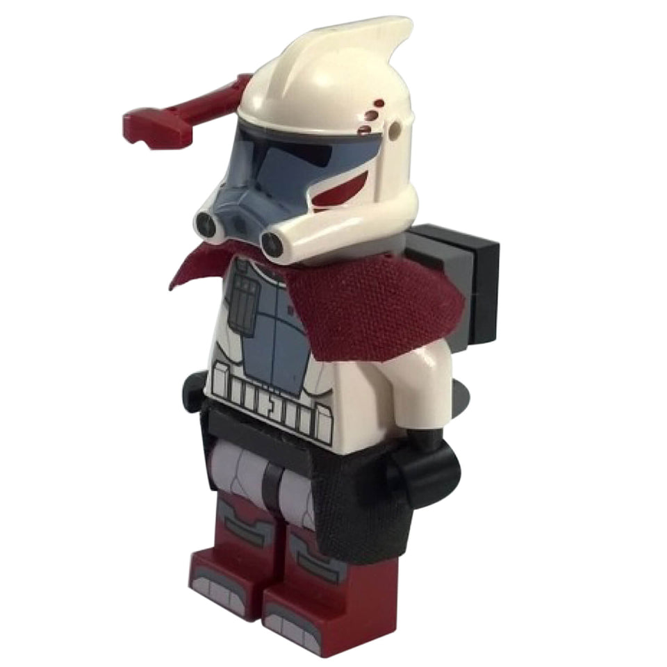 LEGO® Star Wars™ ARF Trooper minifigure with red and white armor, visor helmet, backpack, and cloth kama from The Clone Wars series