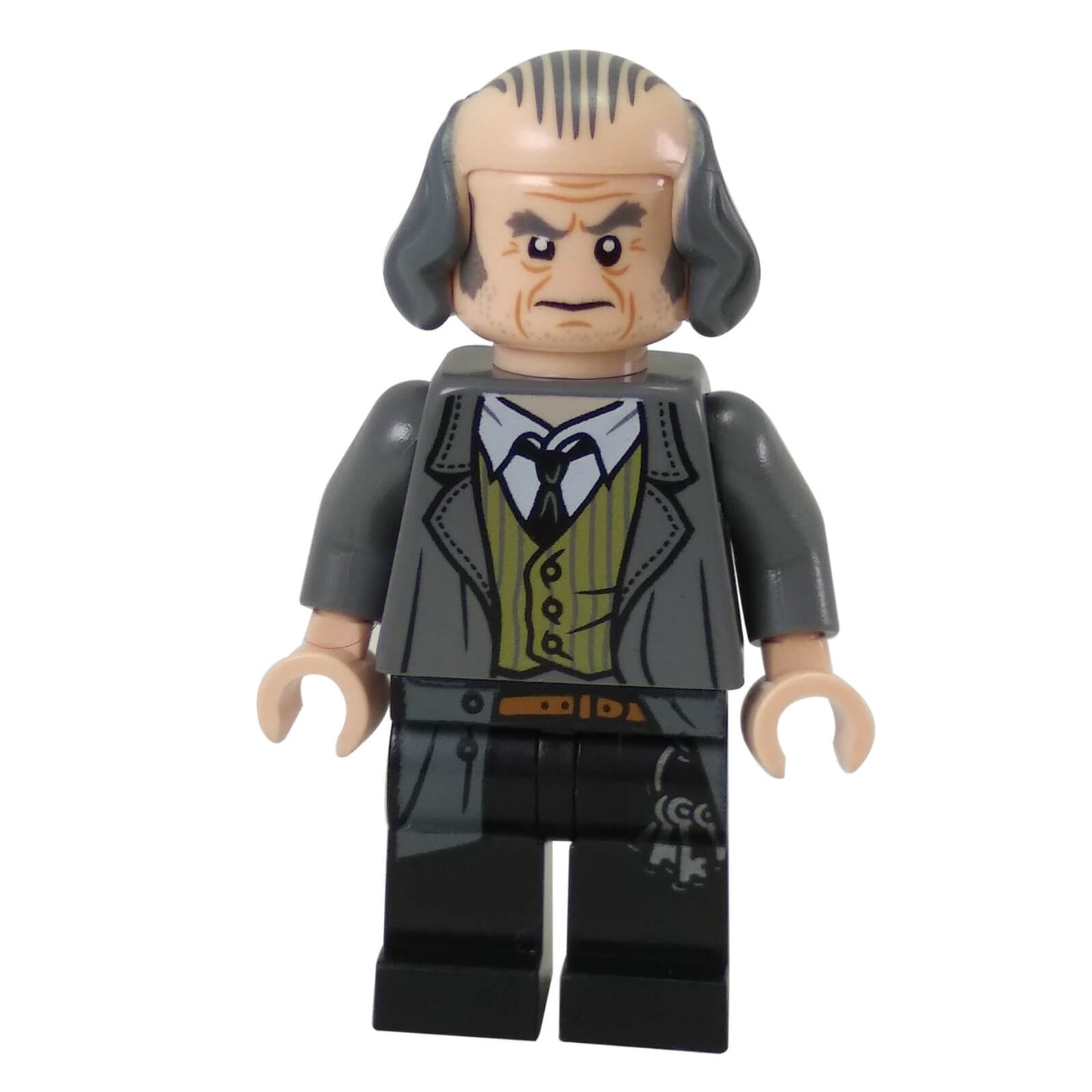Argus Filch minifigure with dark grey torso and black legs
