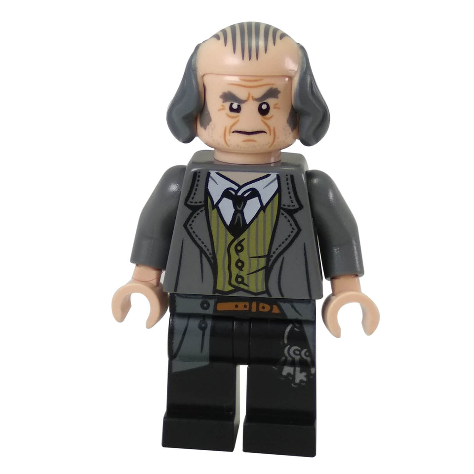 Argus Filch minifigure with dark grey torso and black legs