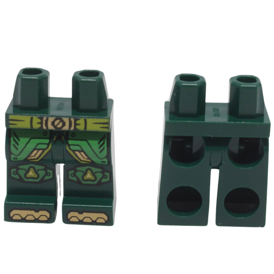 Front and back view of LEGO® minifigure hips and legs 970c00pb1725 with printed armour, lime belt and knee pads