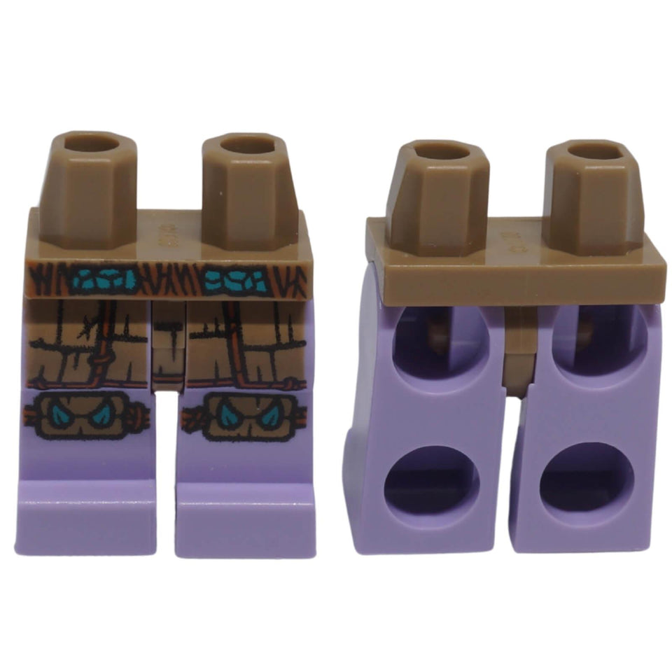 Front and back view of LEGO® minifigure hips and legs 970c154pb01 with rope belt, armour panels and printed knee pads