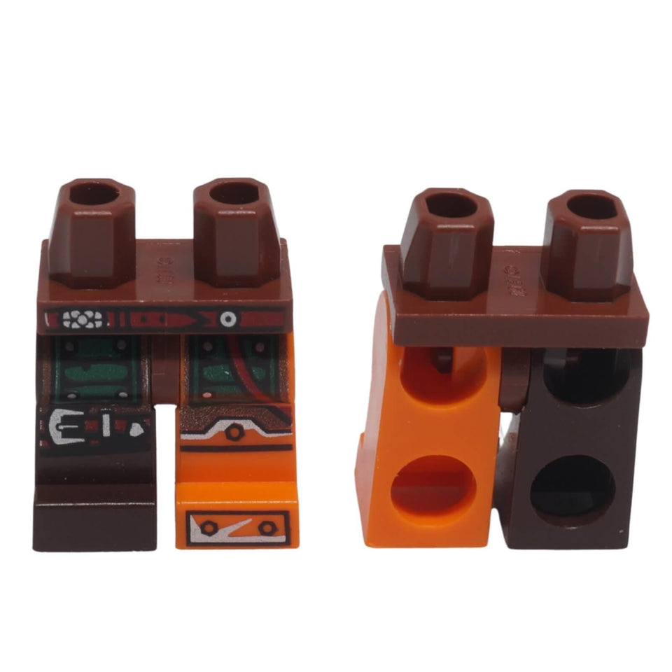 Front and back view of LEGO® minifigure hips and legs 970d32pb01 with asymmetrical orange and dark brown armour printing