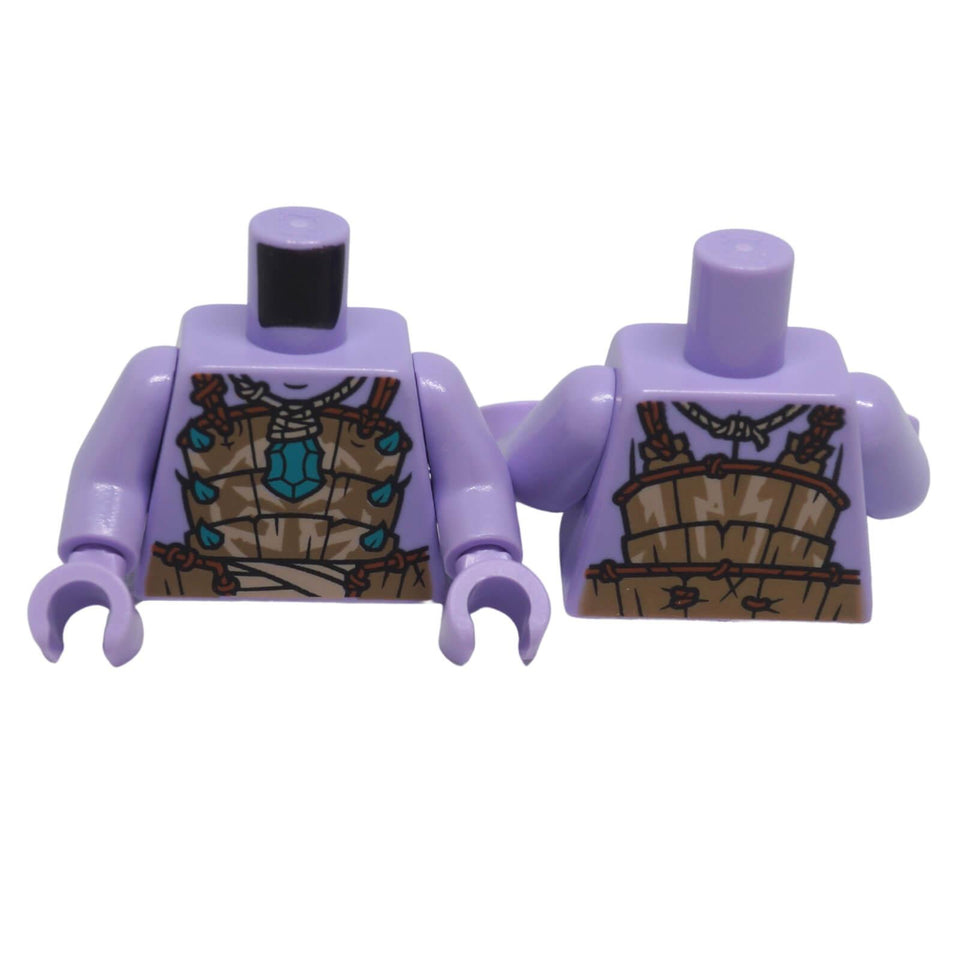 Front and back view of LEGO® minifigure torso 973pb4207c01 with dark tan armour, dark turquoise jewel and rope pattern