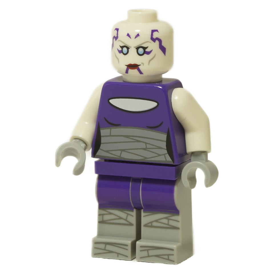 A LEGO® Star Wars™ minifigure of Asajj Ventress with a light nougat head featuring purple facial markings, sand blue eyes, and red lips, a dark purple torso with grey wrap printing and light flesh arms with light grey hands, and dark purple legs with grey wrap printing, standing against a white background.