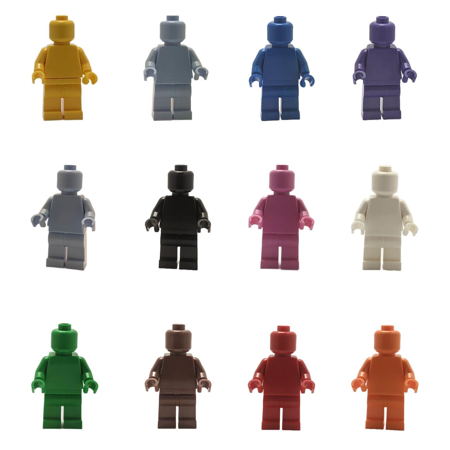 Assorted solid-color LEGO® minifigure bodies arranged in rows, showing multiple colours including yellow, grey, blue, pink, green and more.