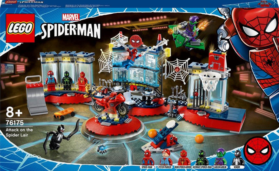 LEGO® Marvel Spider-Man Attack on the Spider Lair 76175 setlåda som visar Peter Parkers högteknologiska högkvarter med Spider-Man, Green Goblin och Venom minifigurer.