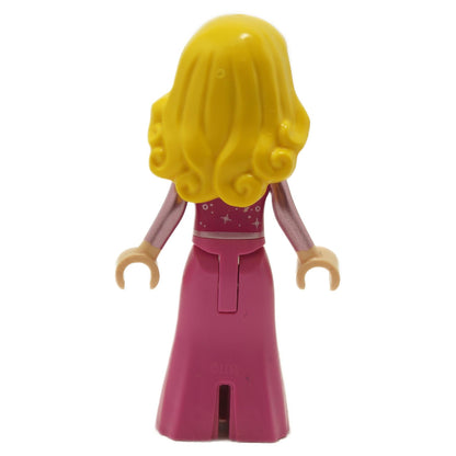 Back view of LEGO Aurora mini-doll, yellow hair and dark pink dress.