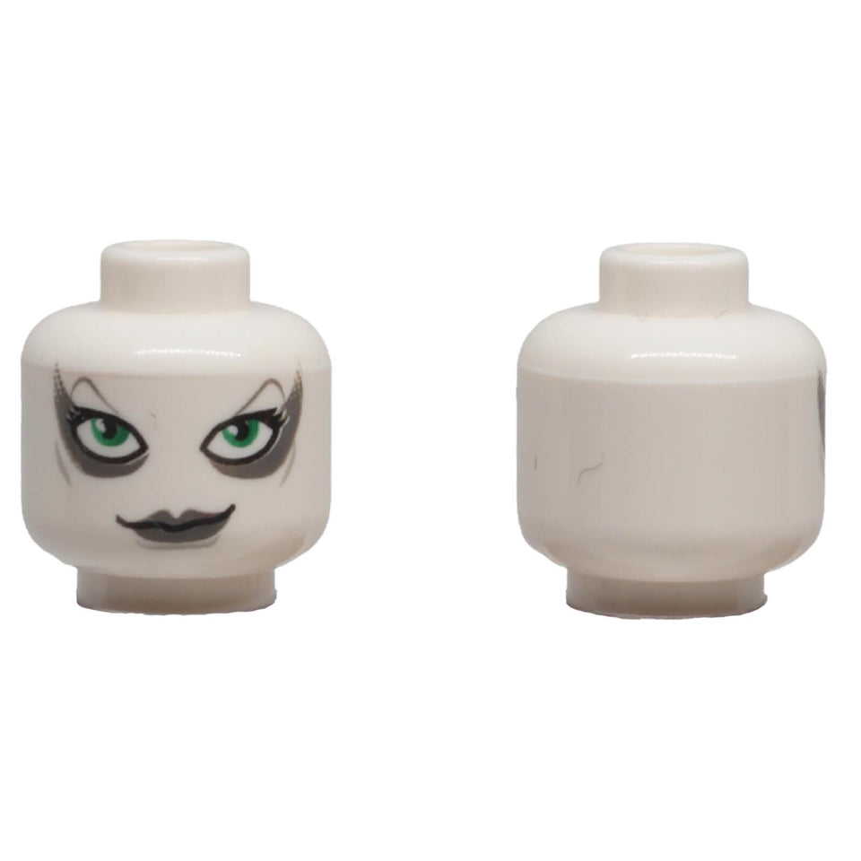 LEGO® Aurra Sing minifigure head 3626pb0550 with green eyes, grey lips and blocked open stud shown from front and back