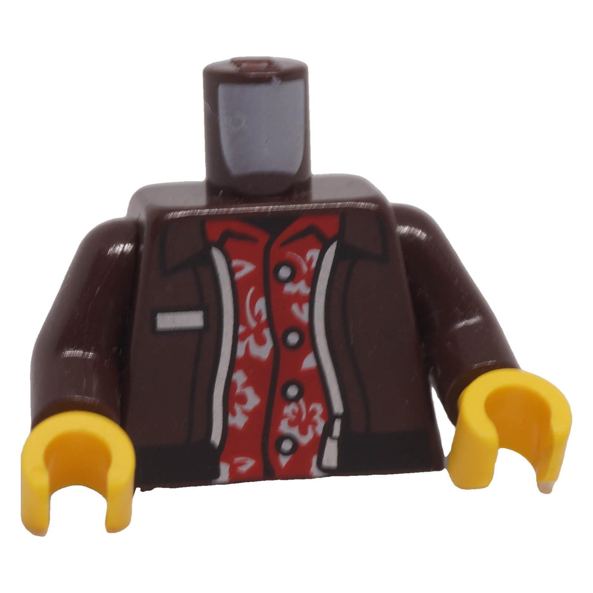 LEGO dark brown torso 973pb5685c01 front with leather jacket and red Hawaiian shirt print