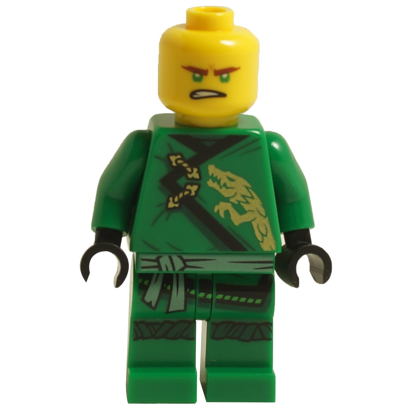 LEGO Ninjago Lloyd Minifigur njo0708 in seinem grünen Legacy-Gi mit einem goldenen Drachenmuster ohne Kapuze. Vorderansicht.