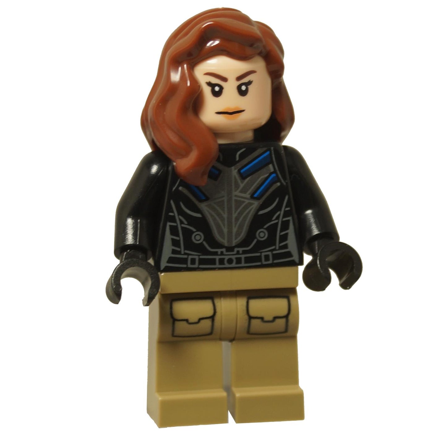 LEGO® Ruth Bat-Seraph (Sabra) minifigure (sh1002) with confident expression, detailed black torso armor print, and tan utility pants from Marvel.