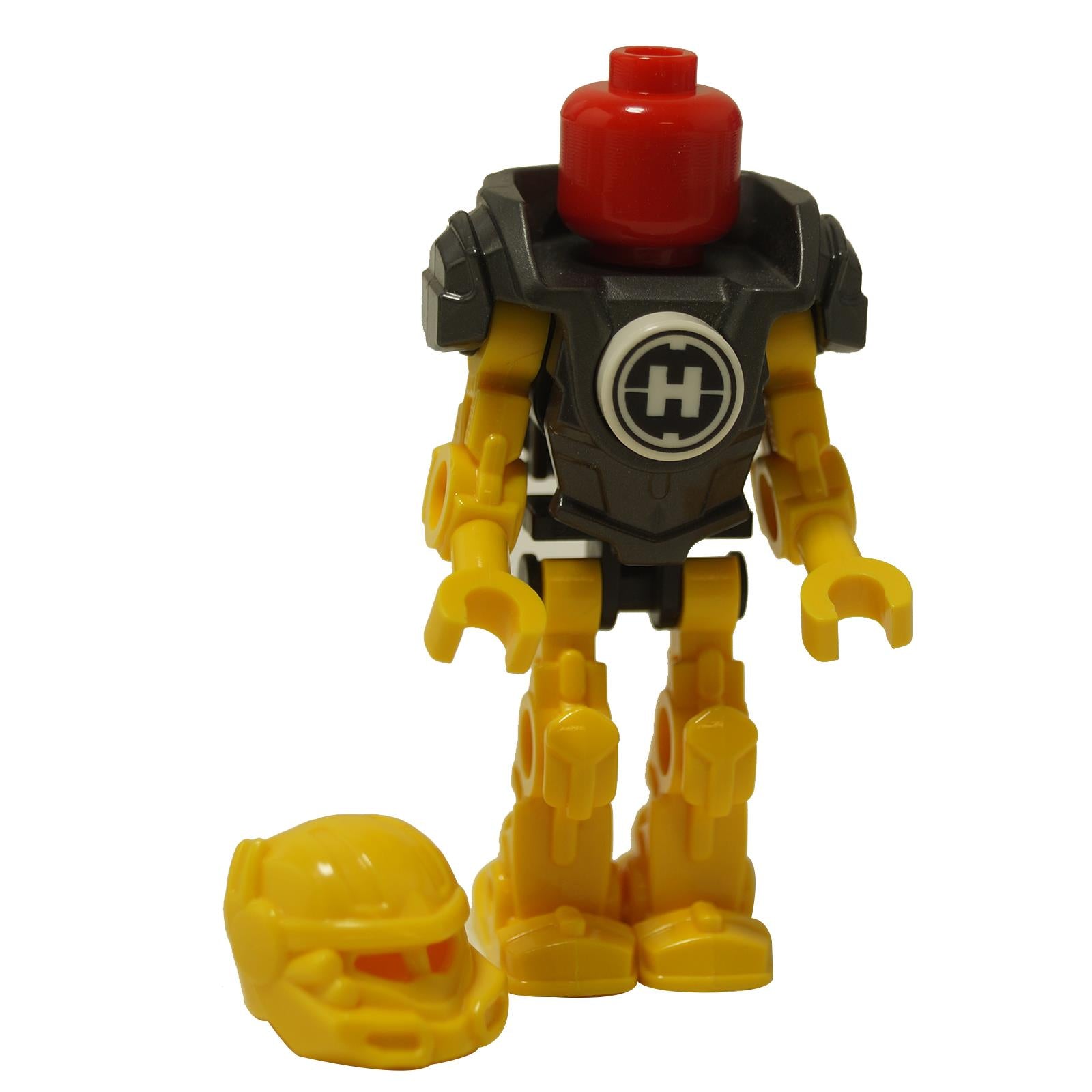 LEGO® Hero Factory Mini – Evo (hf017) with helmet removed, revealing red head under the black chest armor with Hero Factory emblem. Yellow helmet shown beside the figure. Displayed on a white background.  