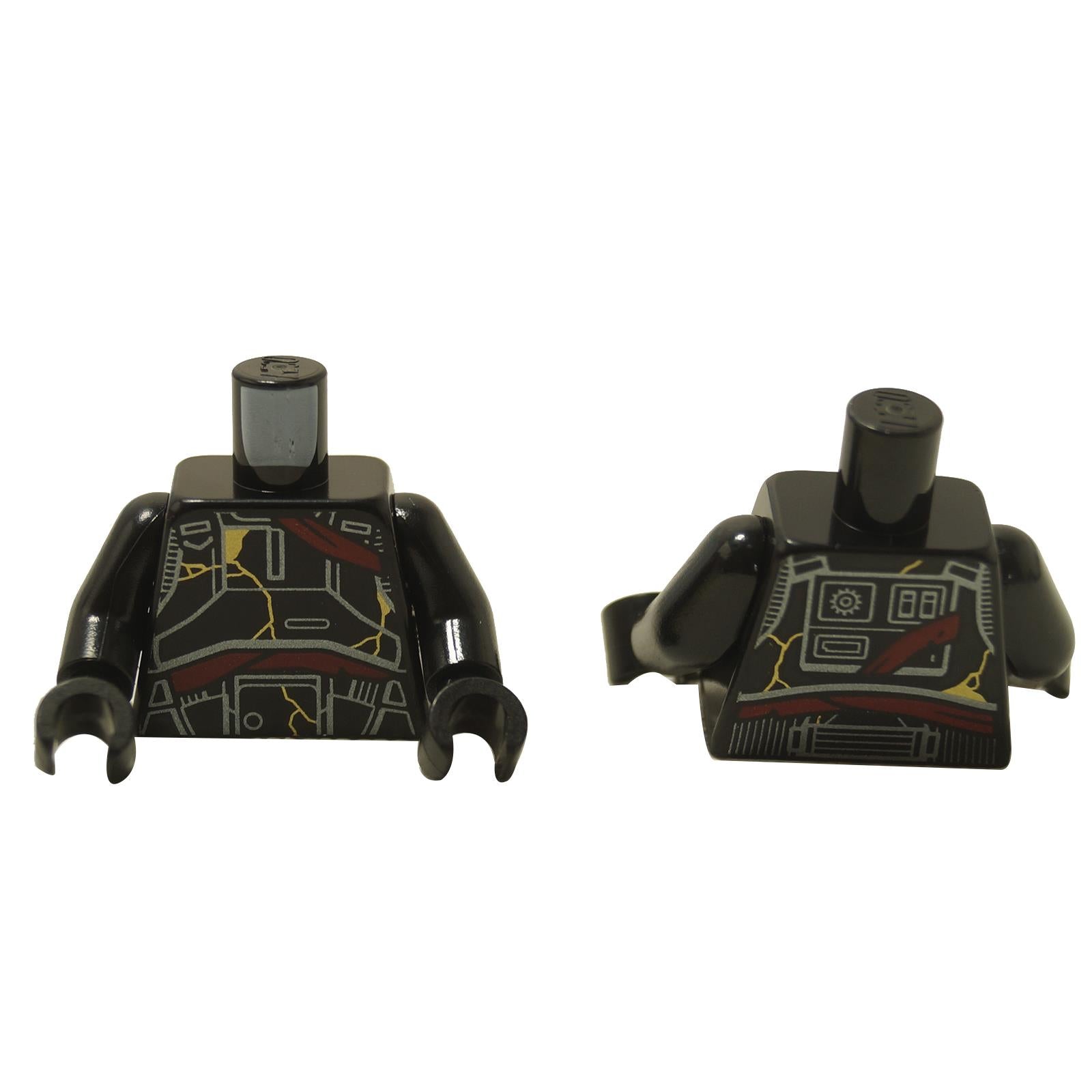 Front view of LEGO black Death Trooper torso (973pb6148c01) with red sash and gold crack detailing.