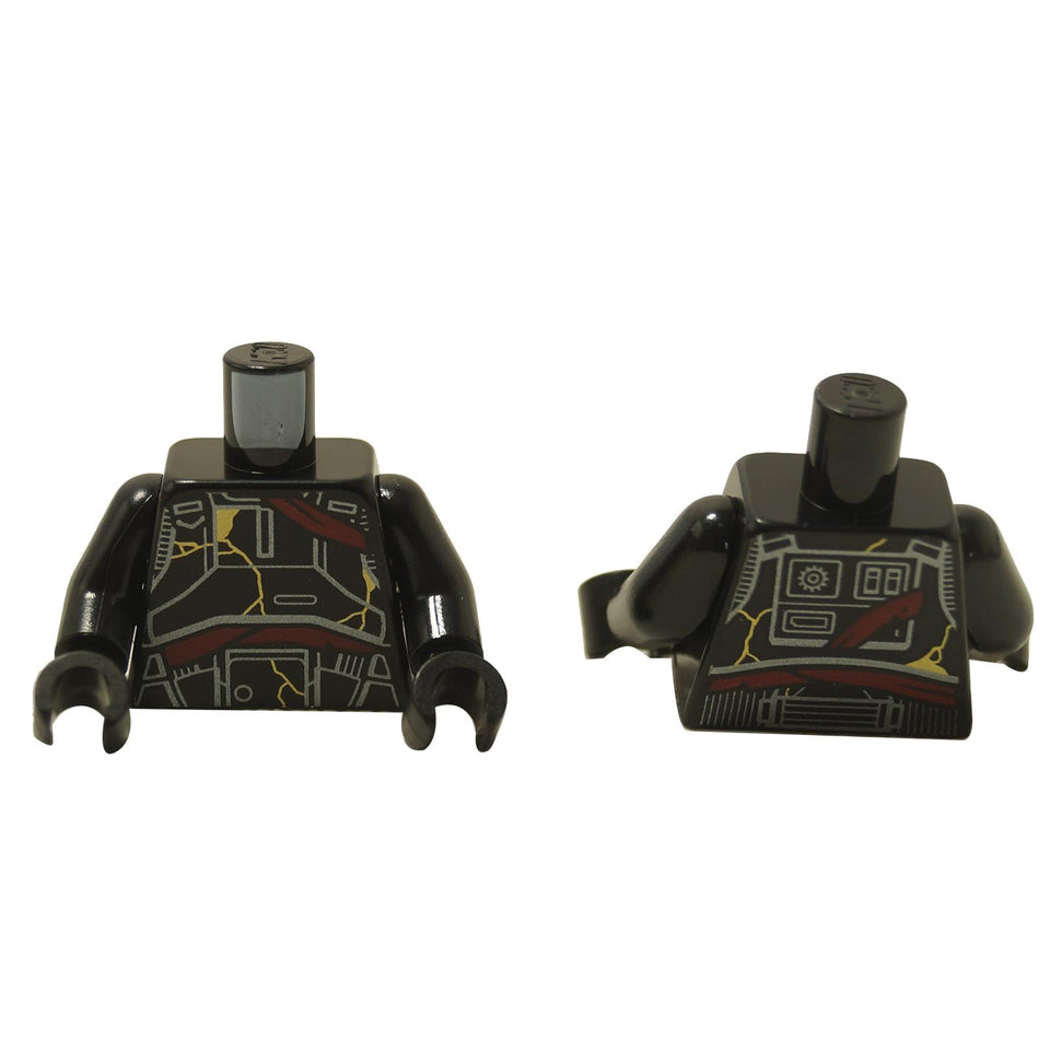 Front view of LEGO black Death Trooper torso (973pb6148c01) with red sash and gold crack detailing.