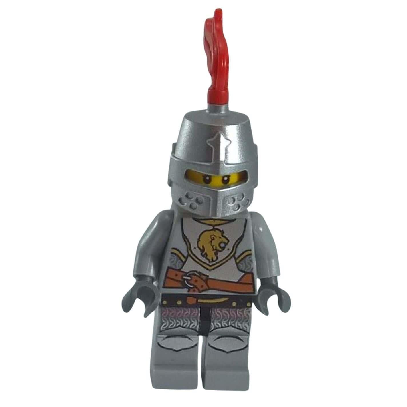 LEGO Kingdoms Lion Knight minifigure cas440 with lion head breastplate and closed helmet.
