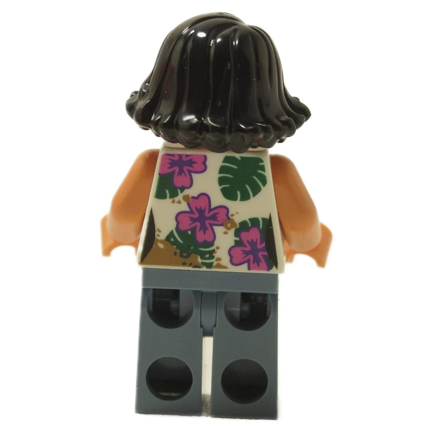 Sammy minifigure wearing a white printed top and sand blue legs, casual character-style LEGO® figure, back profile view.