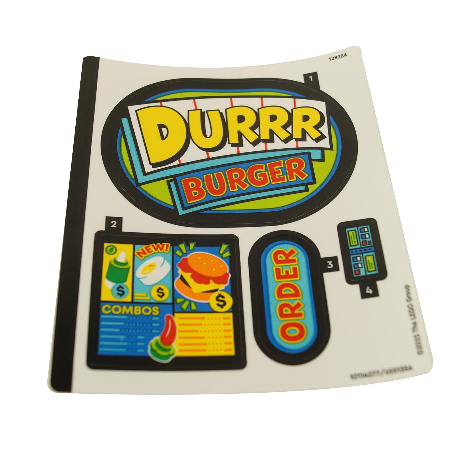 LEGO® sticker sheet for Durrr Burger restaurant signs and menus, part 77076stk01.