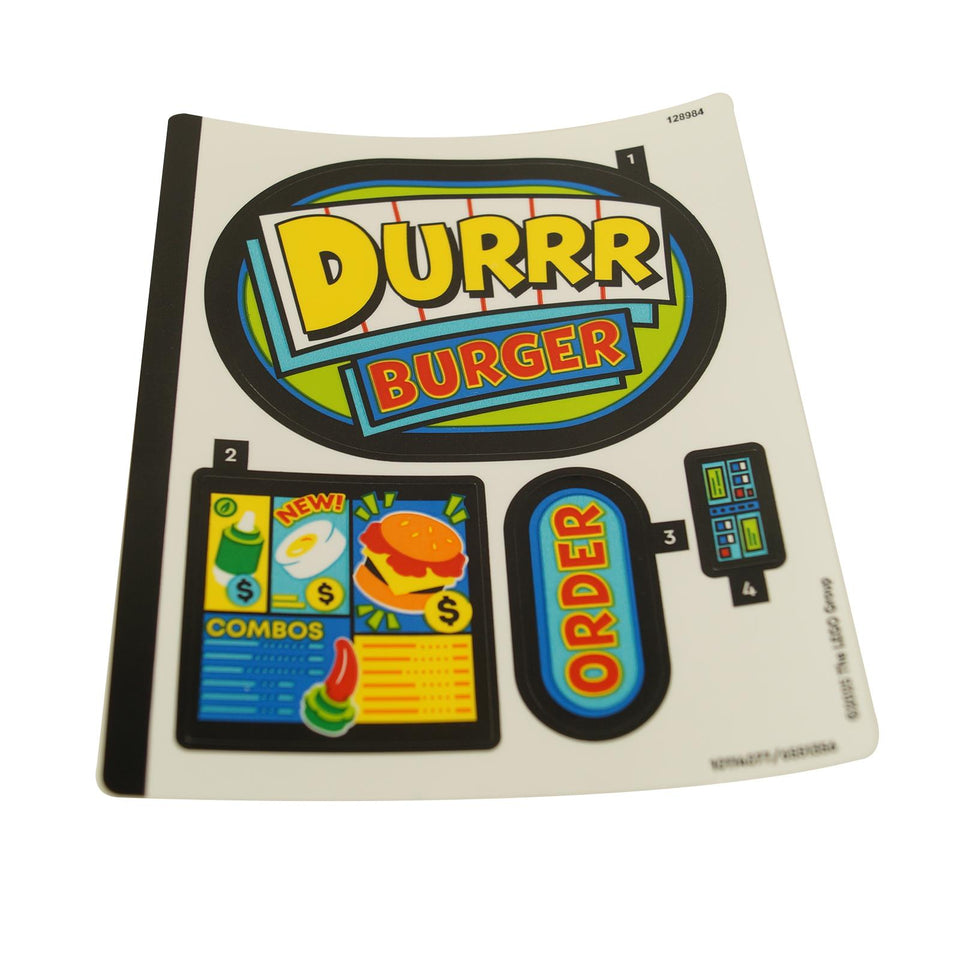 LEGO® sticker sheet for Durrr Burger restaurant signs and menus, part 77076stk01.