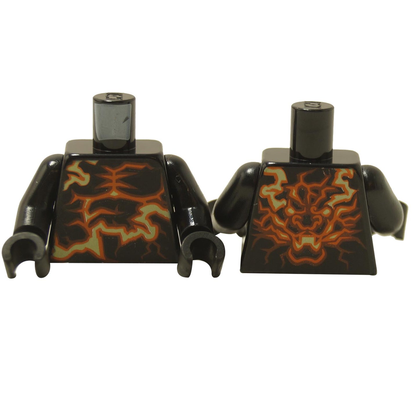 LEGO® NINJAGO torso (973pb3940c01) featuring yellow and orange energy print with dragon design on the back, displayed on a white background.  