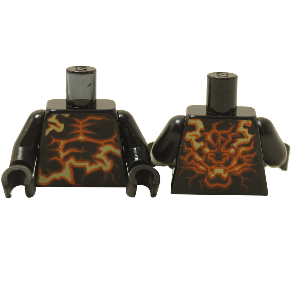 LEGO® NINJAGO torso (973pb3940c01) featuring yellow and orange energy print with dragon design on the back, displayed on a white background.  
