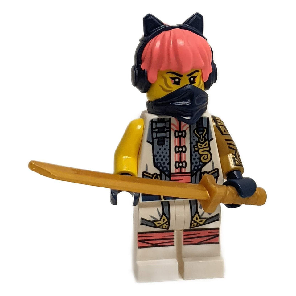 LEGO® NINJAGO Sora minifigure (njo902) with pink hair, cat-ear headset, black face covering, and golden katana from Dragons Rising series