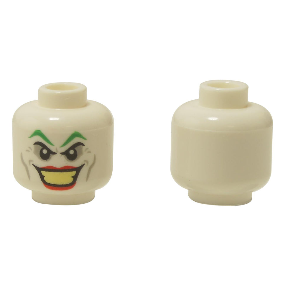 Widoki z przodu i z boku LEGO® Głowa minifigurki (3626pb1487) w kolorze białym, ze złym uśmiechem, żółtymi zębami, zielonymi łukowatymi brwiami i jasnoniebieskimi, szarymi cieniami wokół oczu.