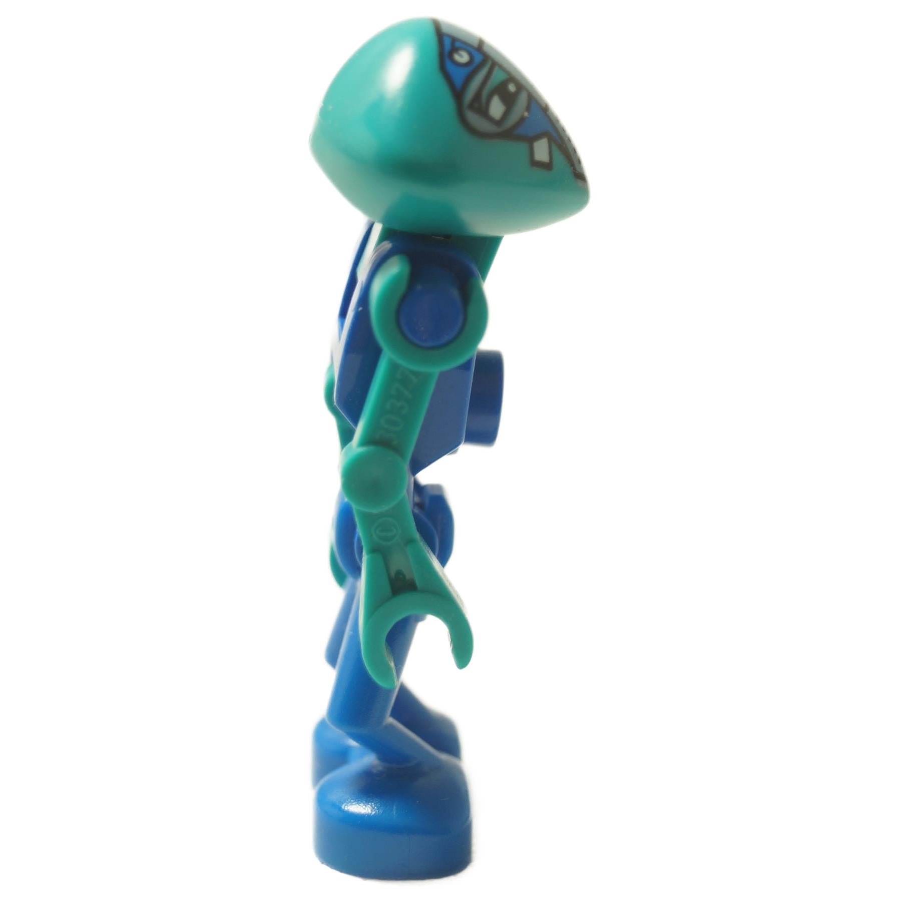LEGO® Life on Mars Centauri Martian minifigure (lom008) side view with teal head, turquoise arms, and blue legs.