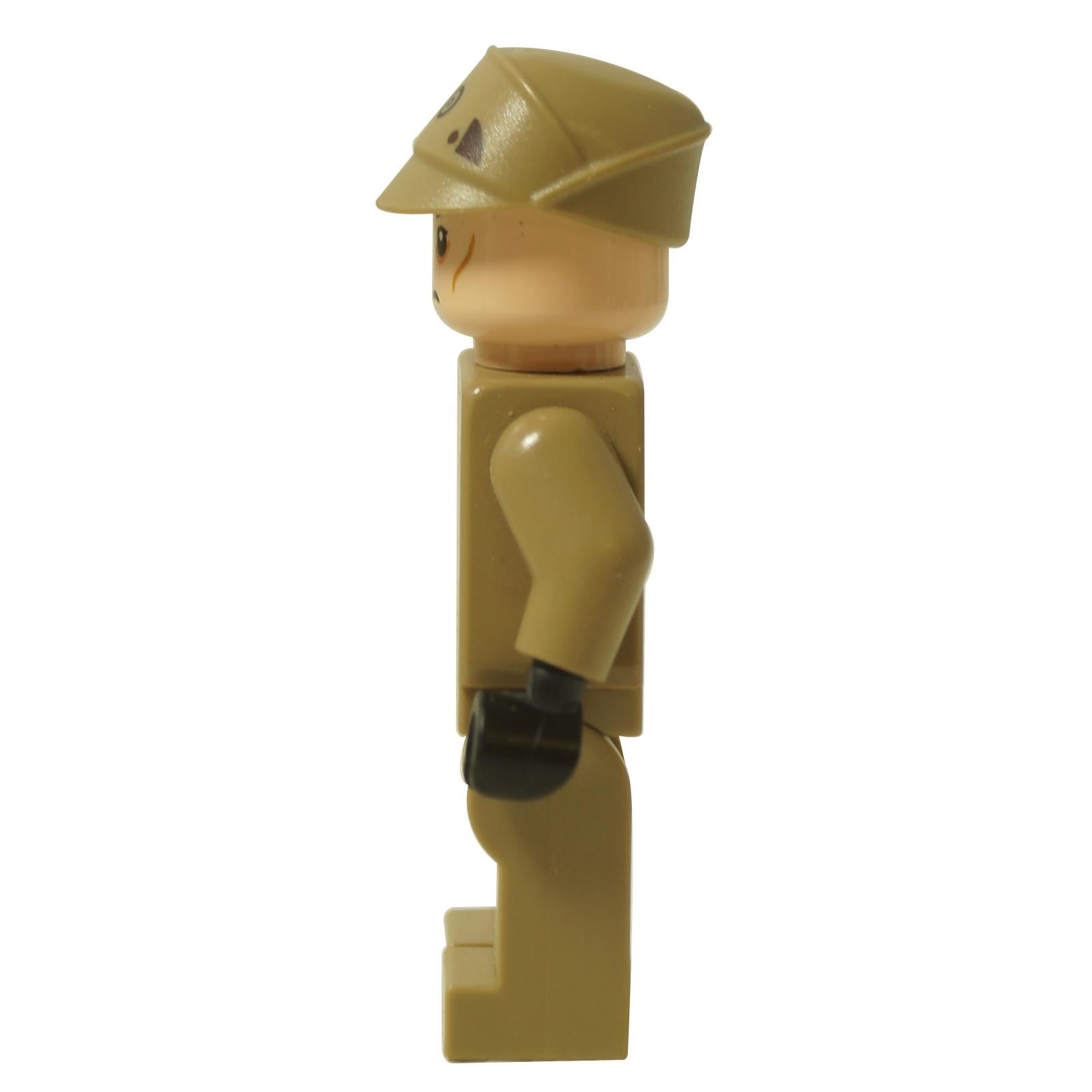 LEGO® Star Wars Imperial Officer minifigure (sw0623) in dark tan uniform with cap and black gloves, side view.