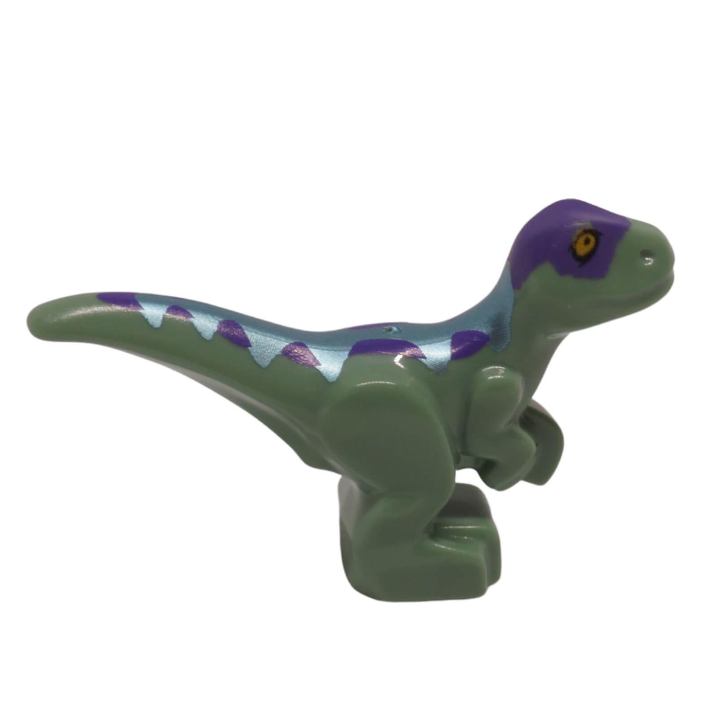 Sand green baby standing dinosaur with dark purple back, metallic blue stripes, and yellow eyes (Part 37829pb11), side view.