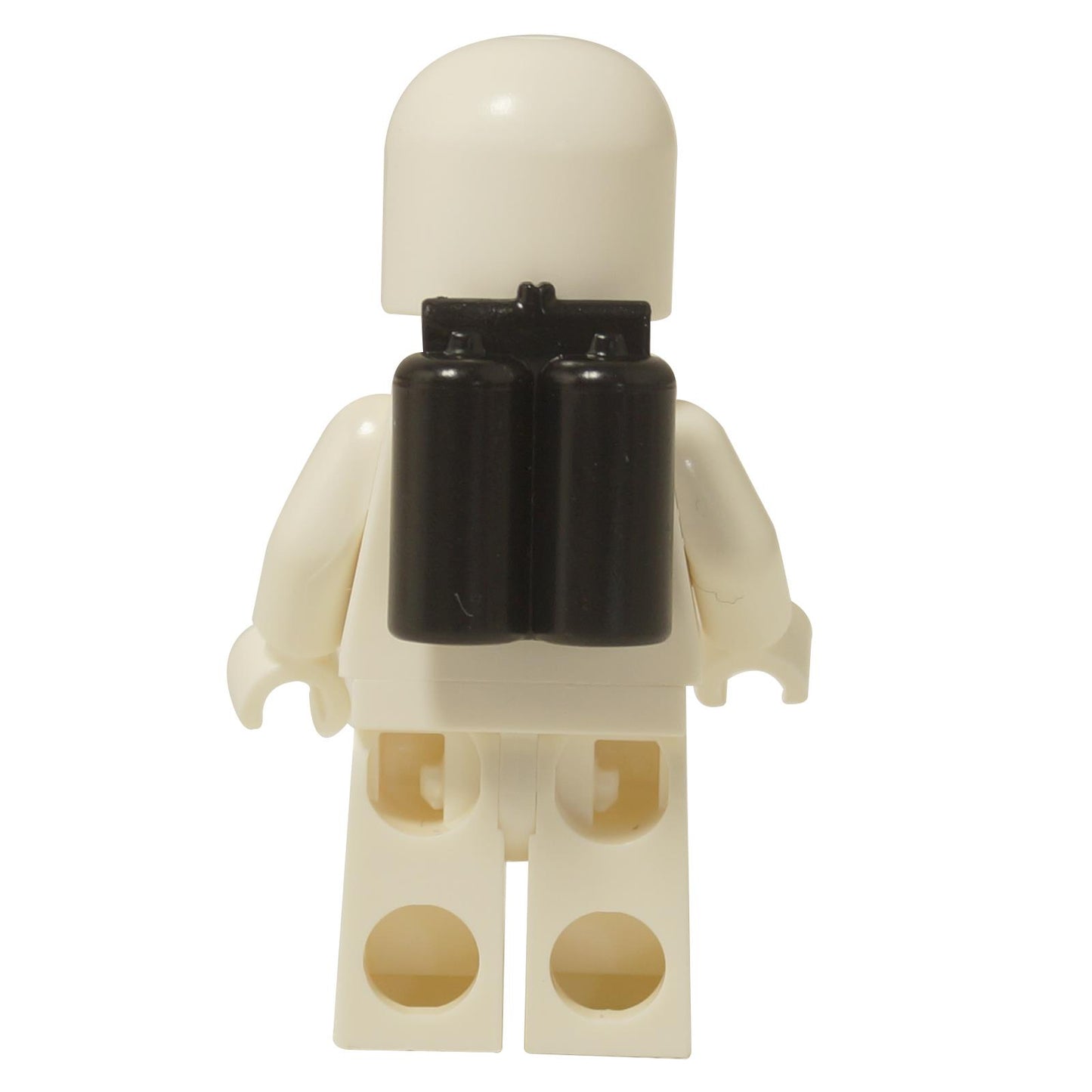Back view of the LEGO® Classic Space female astronaut minifigure in a white suit, featuring a white helmet, black airtanks, and a head with red glasses.
