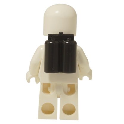 Back view of the LEGO® Classic Space female astronaut minifigure in a white suit, featuring a white helmet, black airtanks, and a head with red glasses.