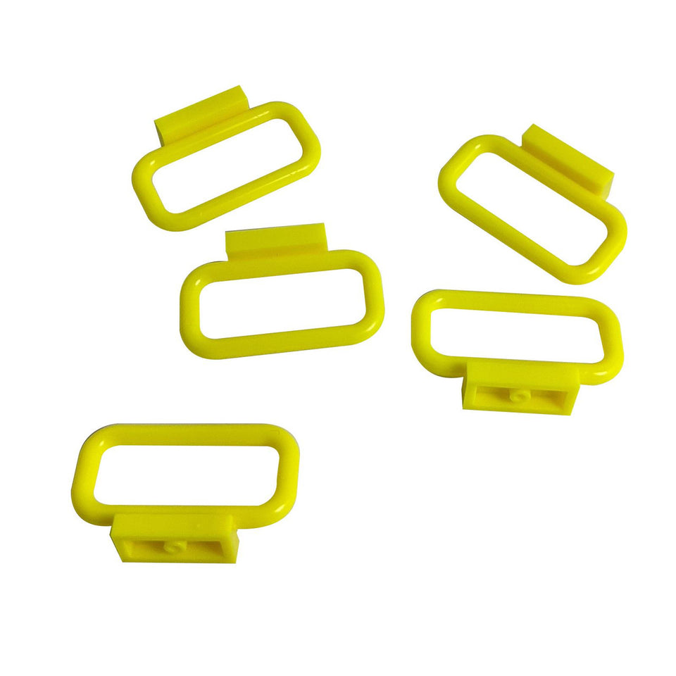 Five neon yellow LEGO Bar 1 x 4 x 2 pieces, angled view.