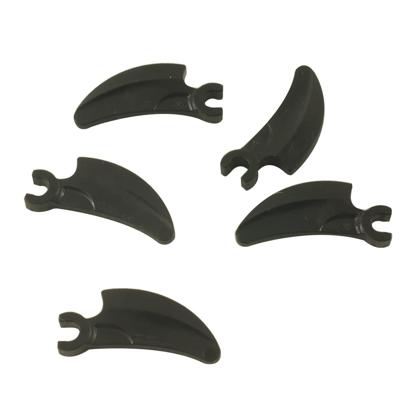 Five black LEGO large barb claw horn elements with clips