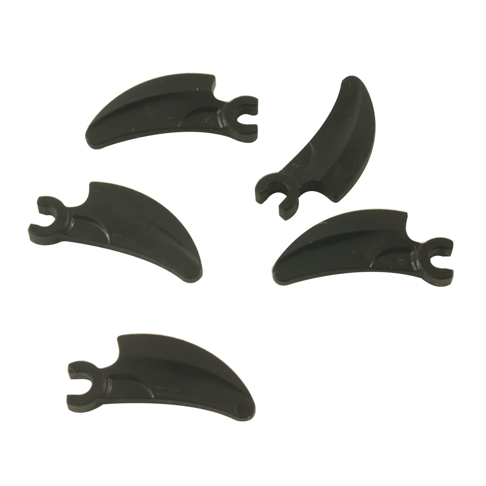 Five black LEGO large barb claw horn elements with clips