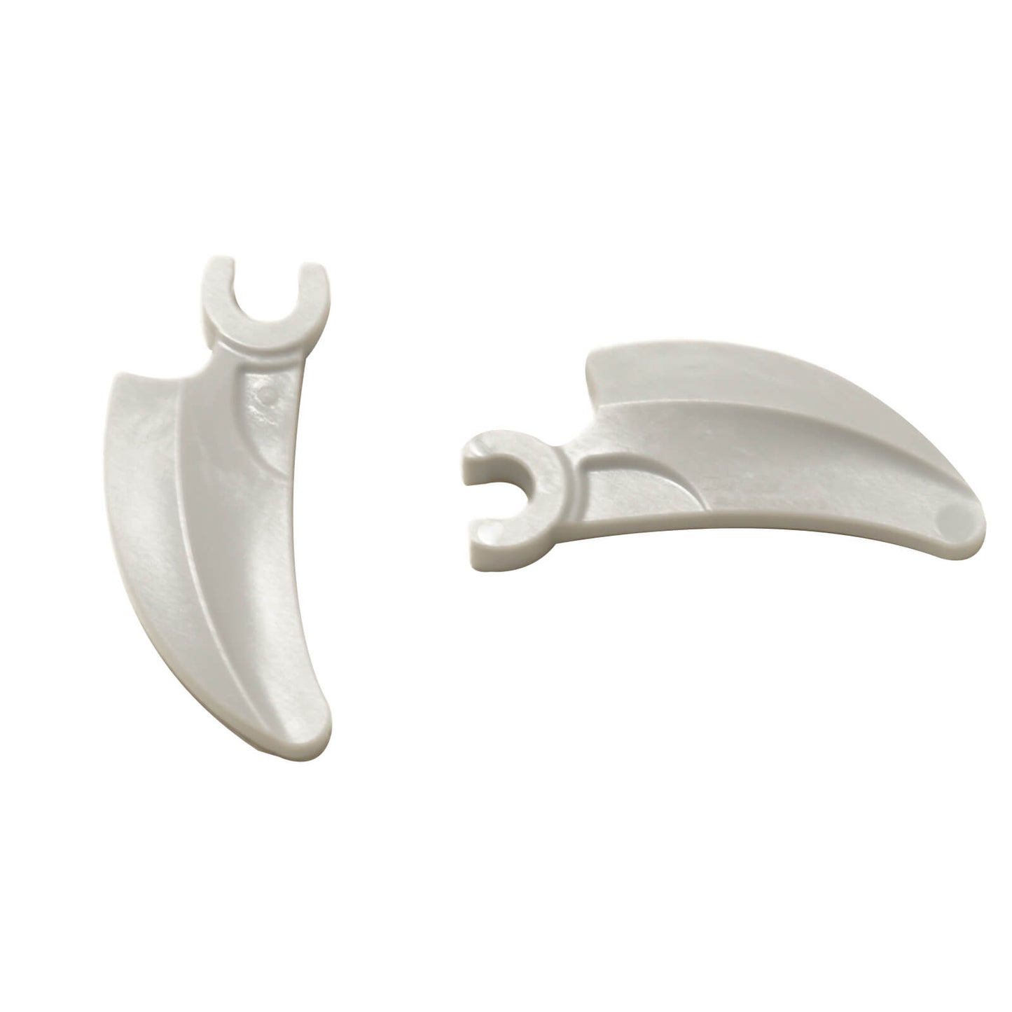 Two white LEGO large barb claw horn elements with clips, multiple views