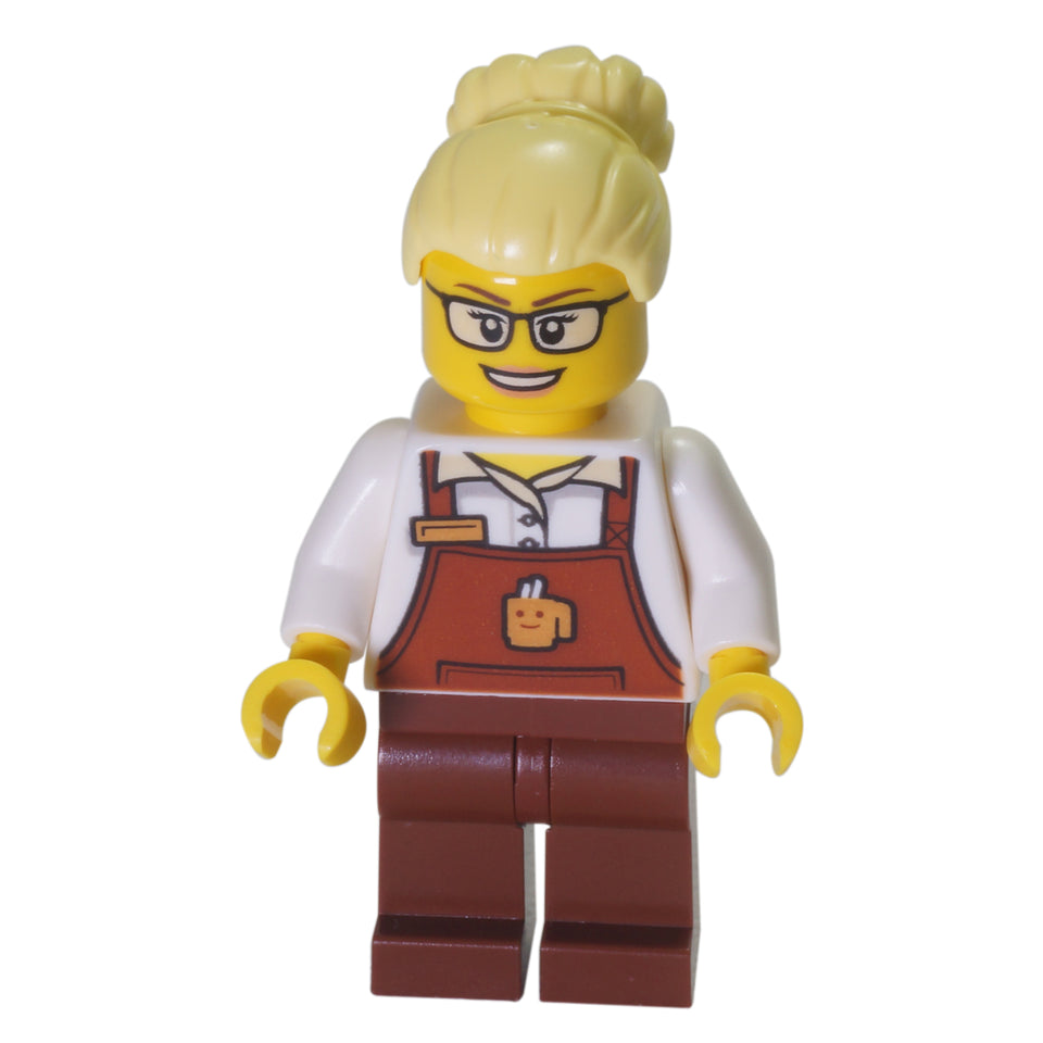 LEGO barista minifigure apron glasses bun hair trn249