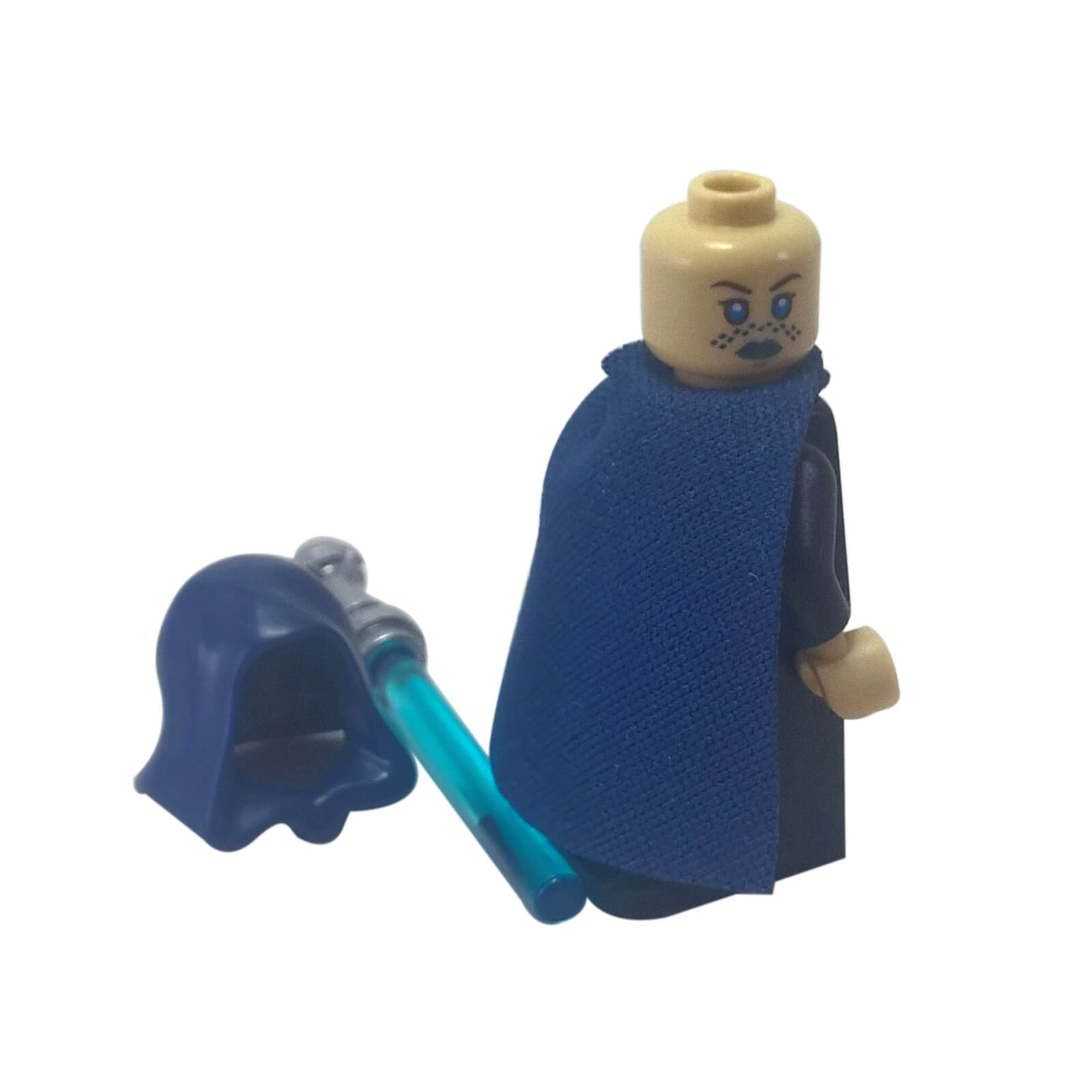 Barriss Offee LEGO minifigure dark blue hood cape skirt blue lightsaber sw0909, back view