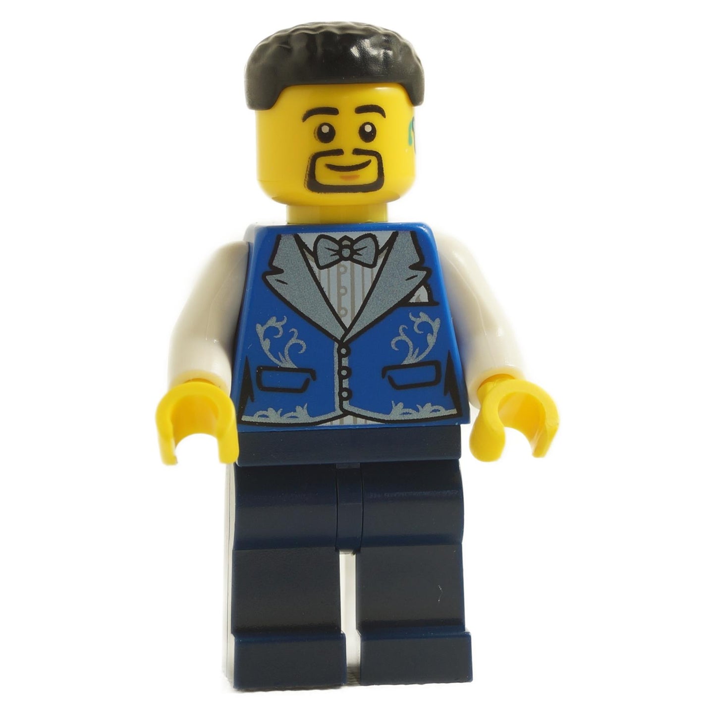 Minifigur LEGO Bass Player berbaju tuksedo biru, pandangan hadapan