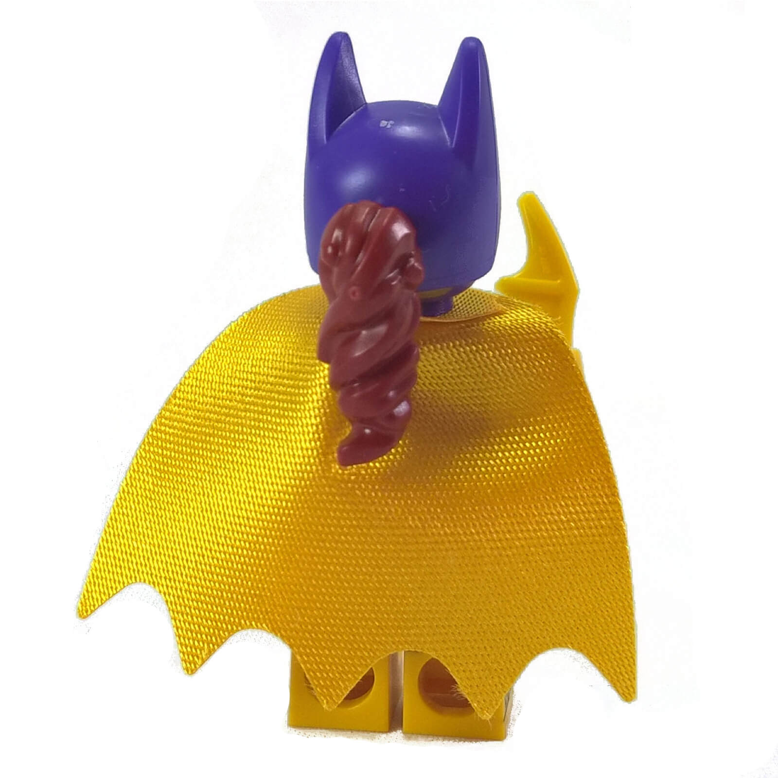 LEGO Batgirl sh0305 minifigure, back view with yellow cape and ponytail.