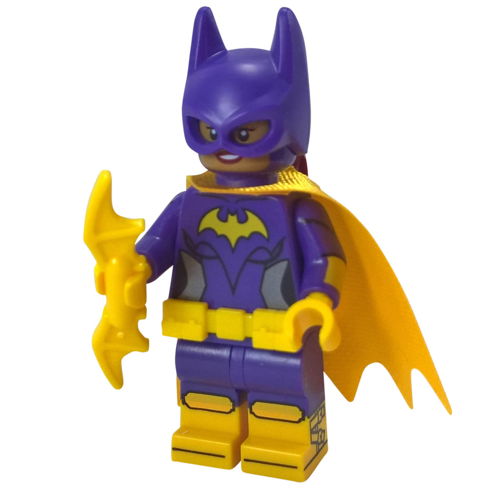LEGO Batgirl minifigure, dark purple suit, yellow cape and Batarang, front view