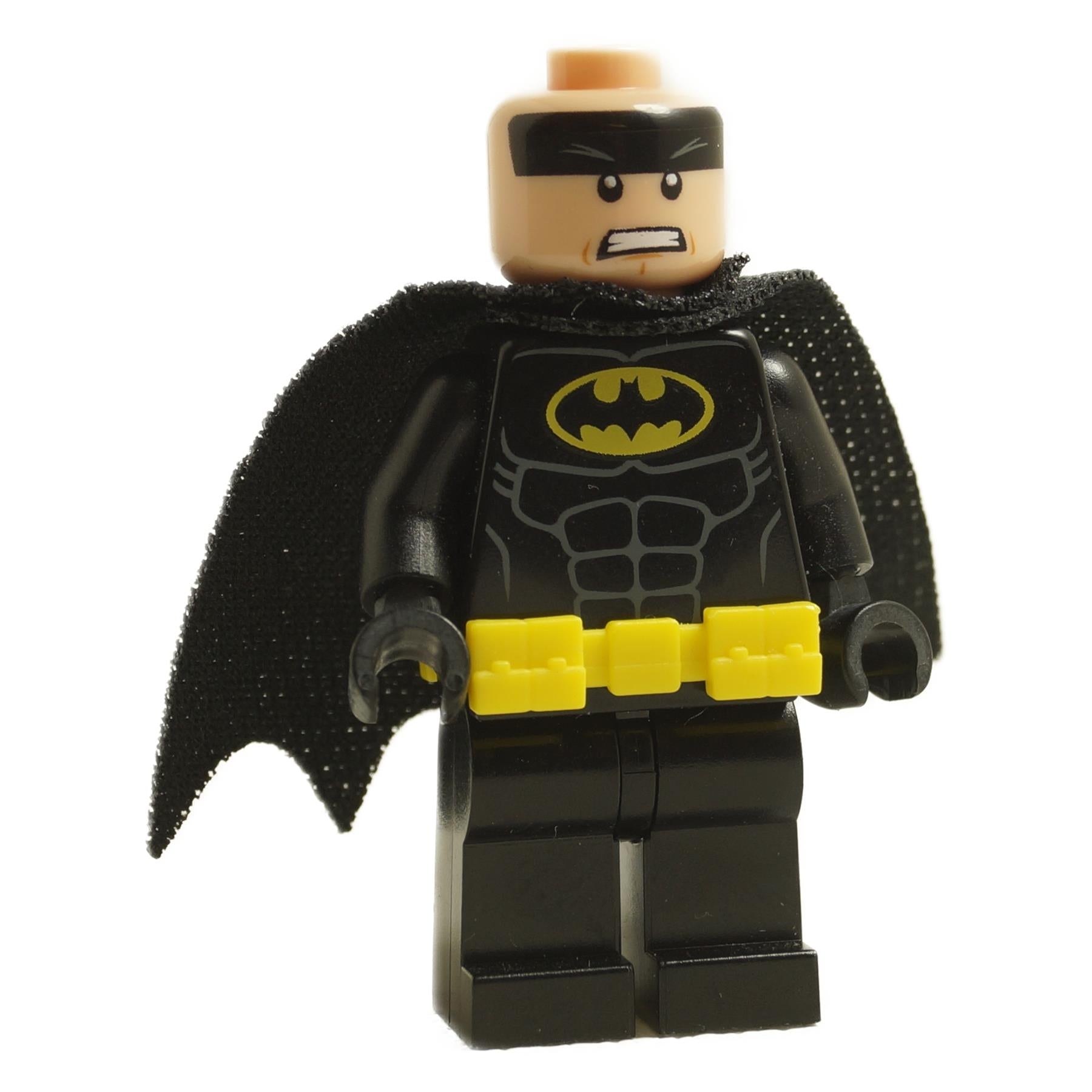 LEGO Batman minifigure, front view, black suit, yellow belt, angry face