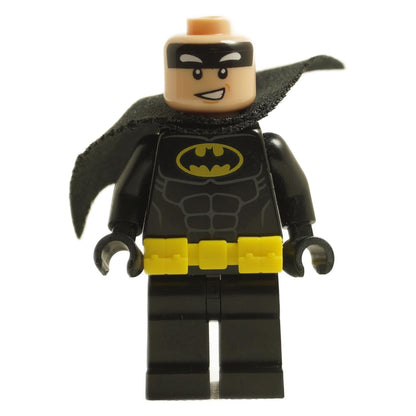 LEGO Batman minifigure sh0318, front view, smiling face, black suit, yellow belt