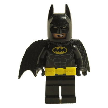 LEGO Batman minifigure, front view, black suit and yellow utility belt.