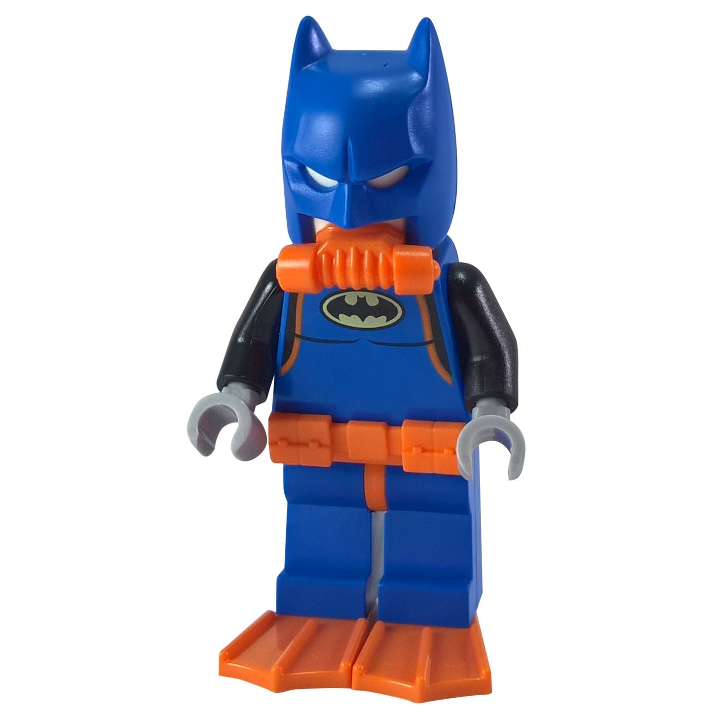 LEGO® Batman minifigure wearing the Scu-Batsuit, blue and orange scuba-style suit with bat cowl and utility belt