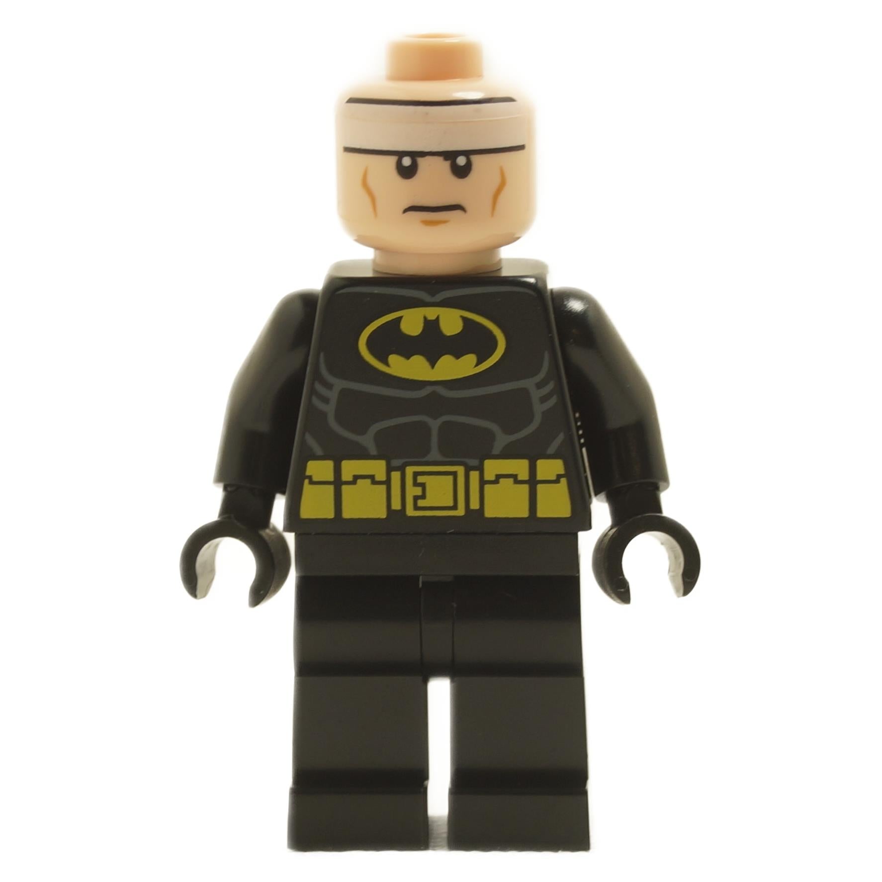 LEGO Batman minifigure tlm082, front view, no cowl, black suit