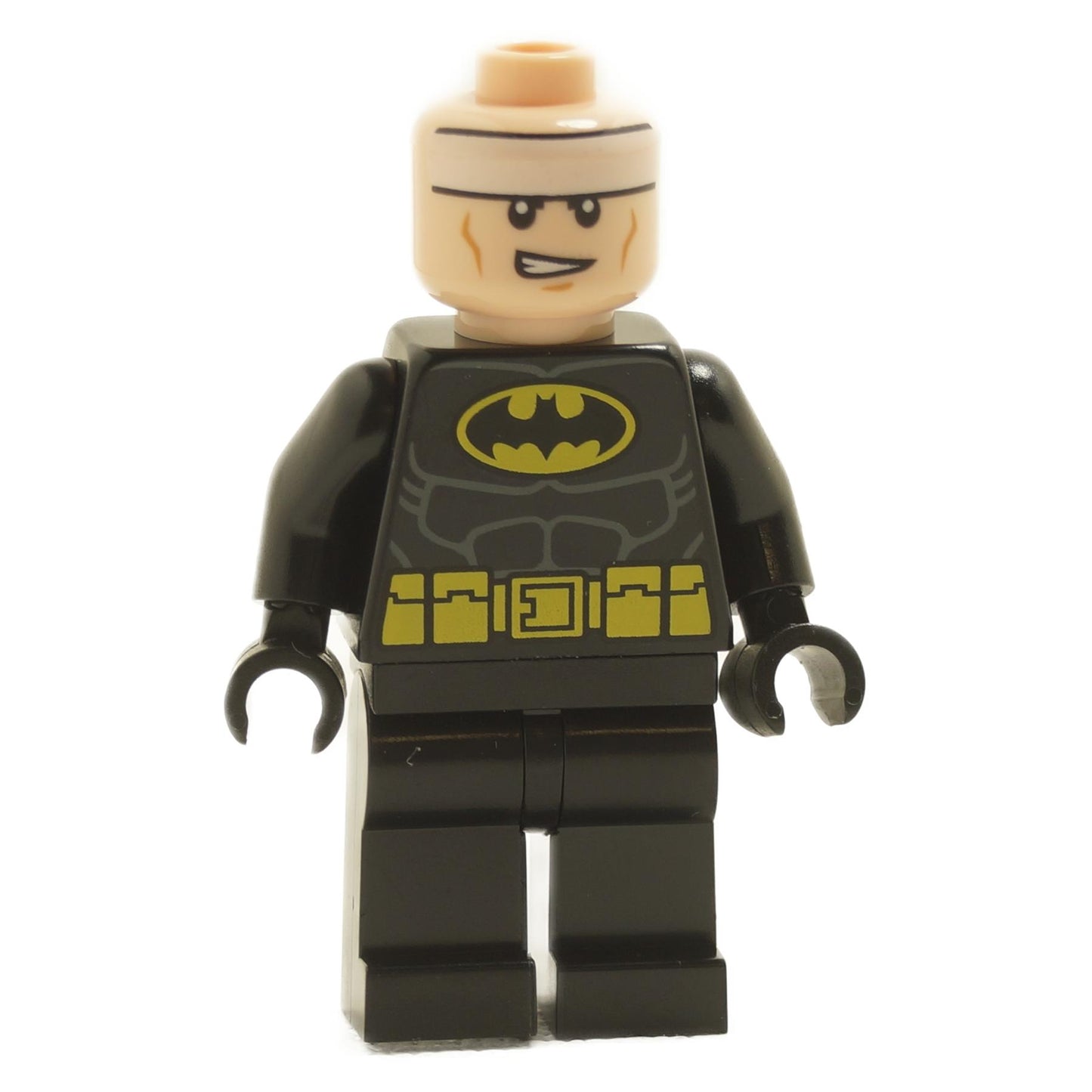LEGO Batman minifigure, front view, black suit, no cowl or cape