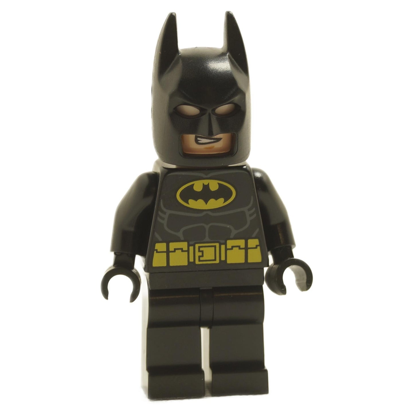 LEGO Batman minifigure, black suit, yellow belt, front view, no cape