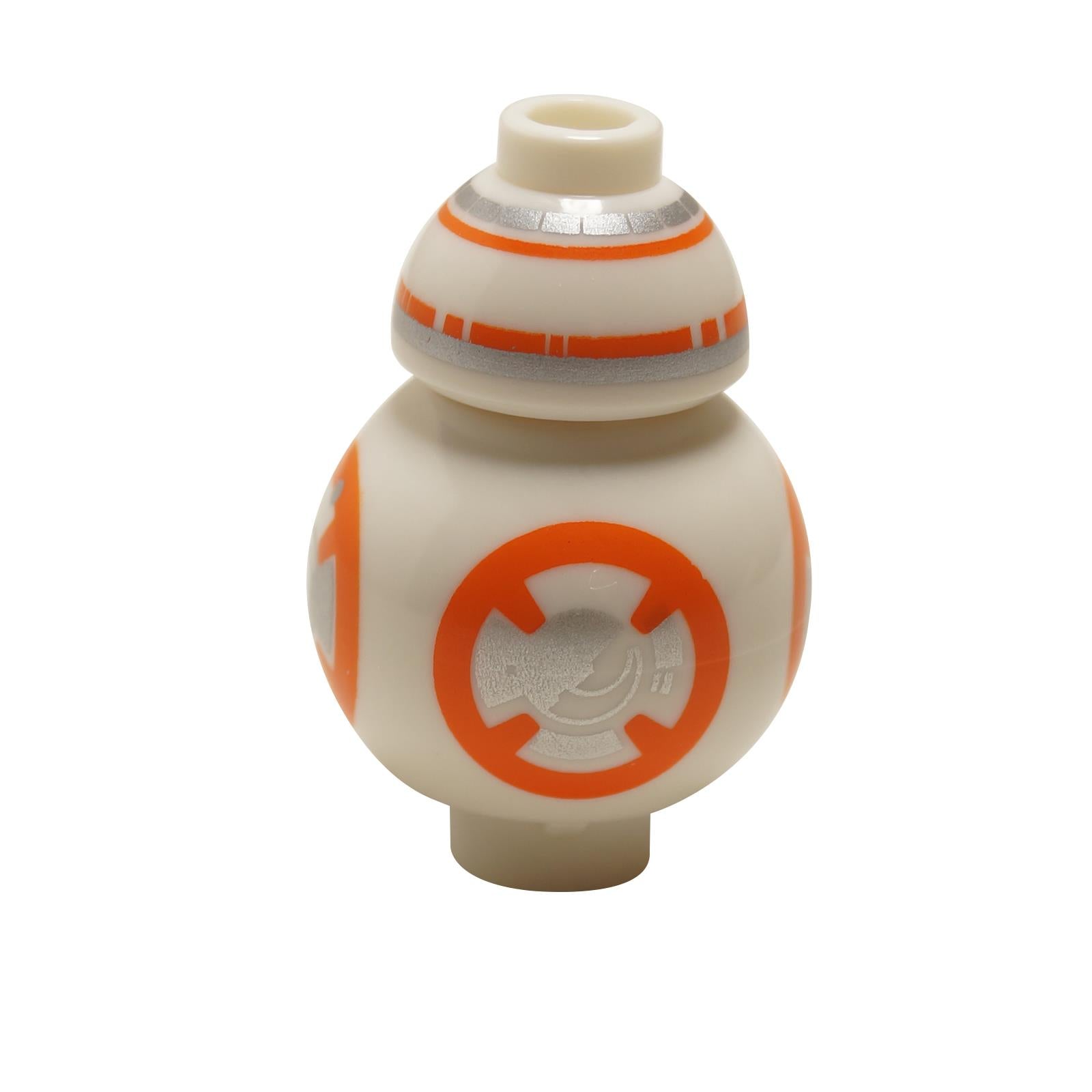 Minifigura LEGO del droide BB-8, vista frontal, cuerpo esférico naranja y blanco