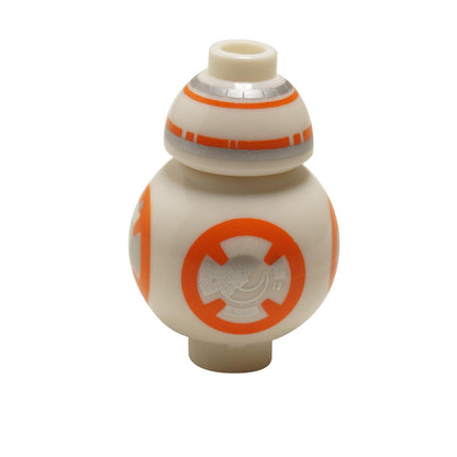 Minifigura LEGO del droide BB-8, vista frontal, cuerpo esférico naranja y blanco